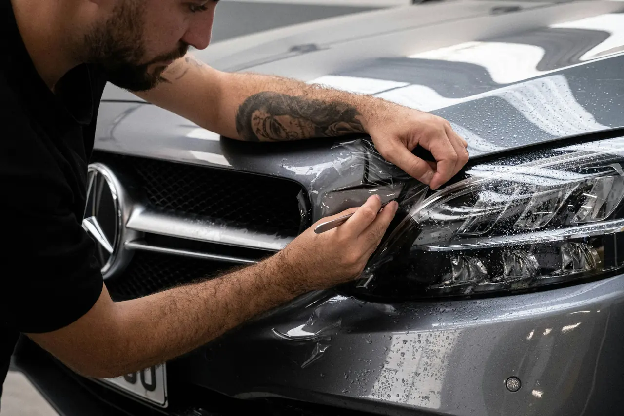 A technician fitting protective film over a Mercedes-Benz headlight